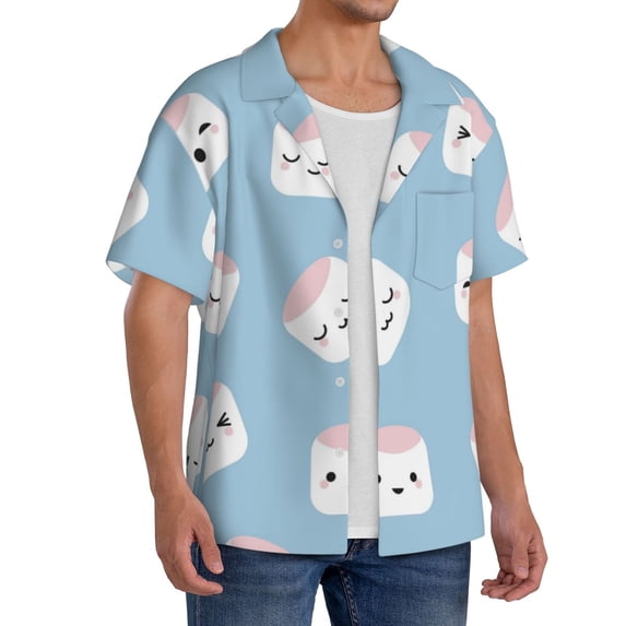 Lsque Cartoon Sushi print Men's Cuban Collar Short Sleeve Shirt Summer Beachwear Casual Button Down Fashionable Vacation Leisure Shirt-X-Large
