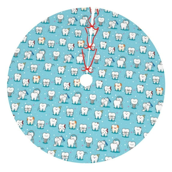 Lsque Cartoon Teeth Print Christmas Tree Skirt, Tree Skirt with Ties or Velcro, Perfect for Holiday Decorations, Halloween, and New Year-30"