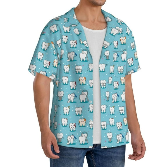 Lsque Cartoon Teeth print Men's Cuban Collar Short Sleeve Shirt Summer Beachwear Casual Button Down Fashionable Vacation Leisure Shirt-4X-Large