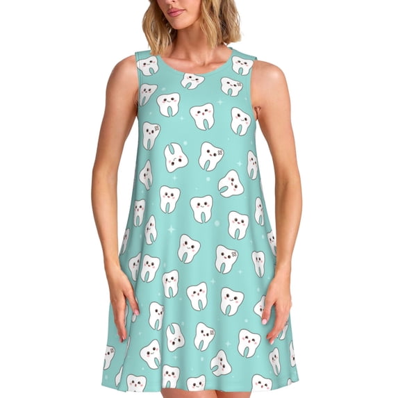 Lsque Cartoon Teeth1 Pattern Summer Dresses for Women – Sleeveless T-Shirt Swing Sundress, Perfect for the Beach and Casual Days