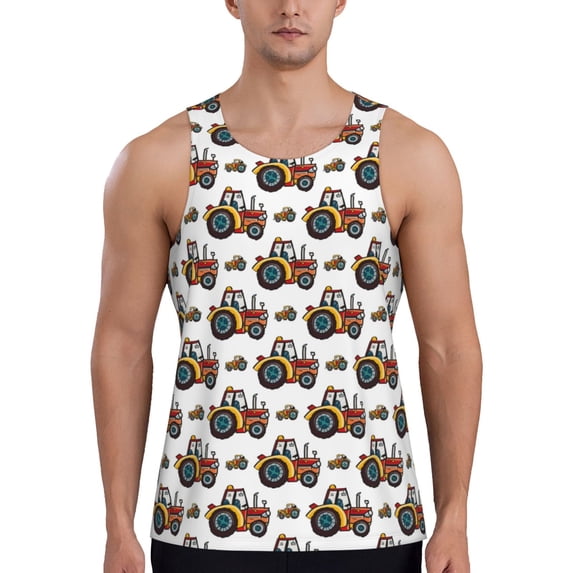 Lsque Cartoon Tractor Pattern Mens Tank Tops Muscle Athletic Quick Dry Sleeveless Workout Fitness T Shirts Beach Tank Top, Loose-fit Sleeveless Shirt for Men-XX-Large
