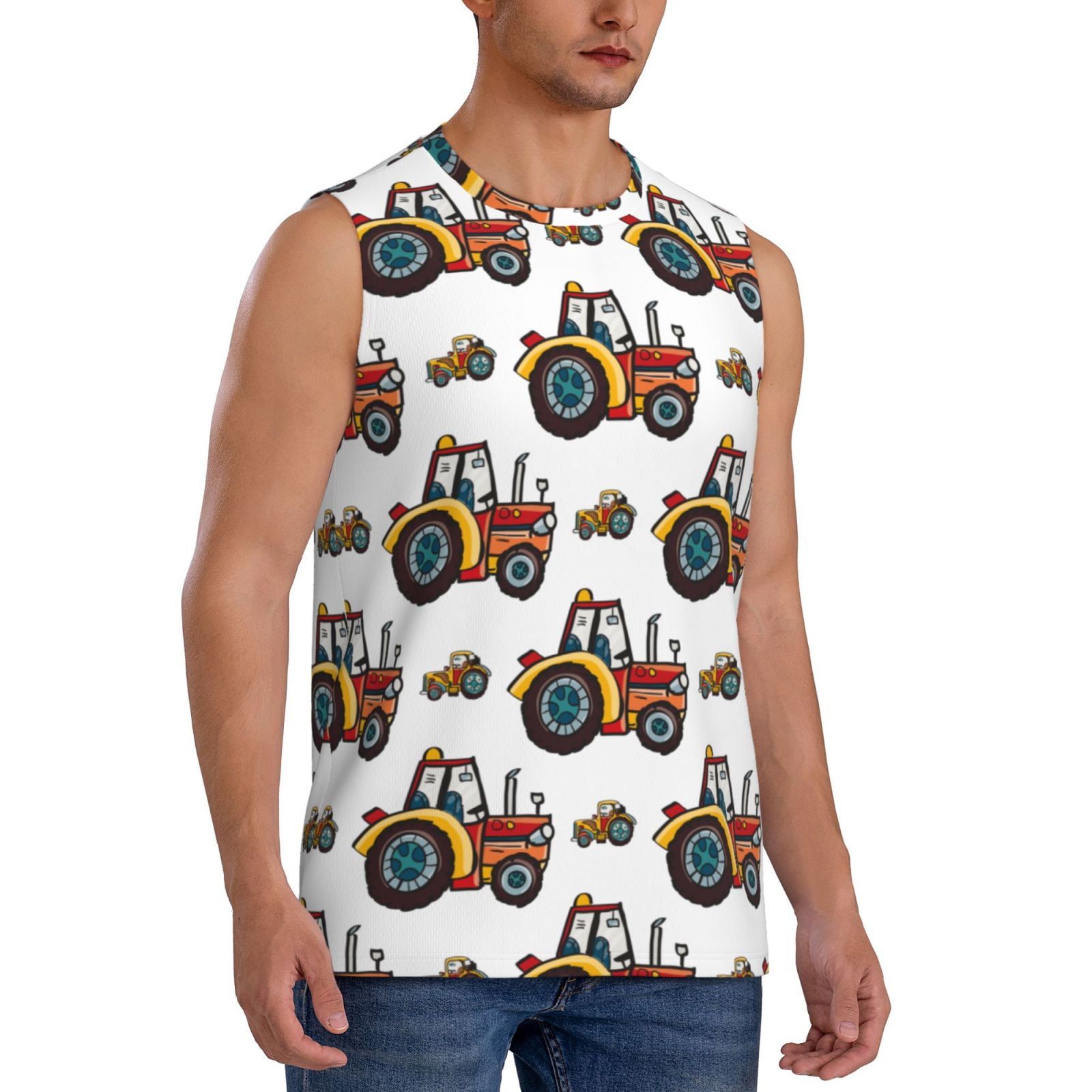 Lsque Cartoon Tractor Print Men's Cotton Blend Sleeveless Muscle Shirts ...