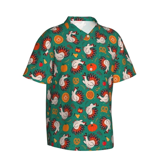 Lsque Cartoon Turkey pattern Hawaiian Shirt for Men, Unisex Summer Beach Casual Short Sleeve Button Down Shirts-X-Large