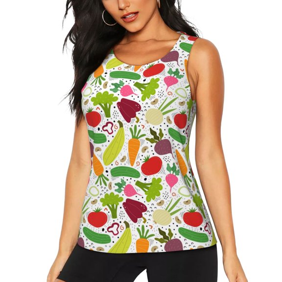 Lsque Cartoon Vegetables Printed Workout Tank Tops for Women, Athletic Sports Tank Tops, Compression Sleeveless Dry Fit Shirts,Sleeveless Yoga Shirt-Medium