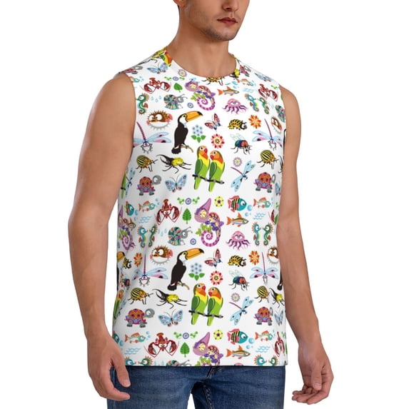 Lsque Cartoon Wild Animals Print Men's Cotton Blend Sleeveless Muscle Shirts (S-3XL)- Moisture Wicking, Odor Protection, UPF 30+,X-Large