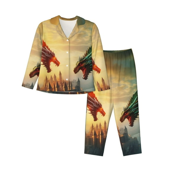 Lsque Castle Red Green Sky Dragon Pattern Long Sleeve Pajama Set for Women - Soft 2-Piece Sleepwear and Loungewear Set with Pockets, Comfy Nightwear-X-Large