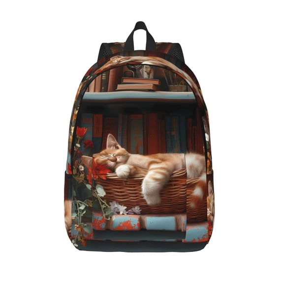 Lsque Cat Asleep Among Flowers Pattern Canvas Daypack, Durable Backpack, High-quality Versatile Backpack,Vintage Compact Backpack-Medium