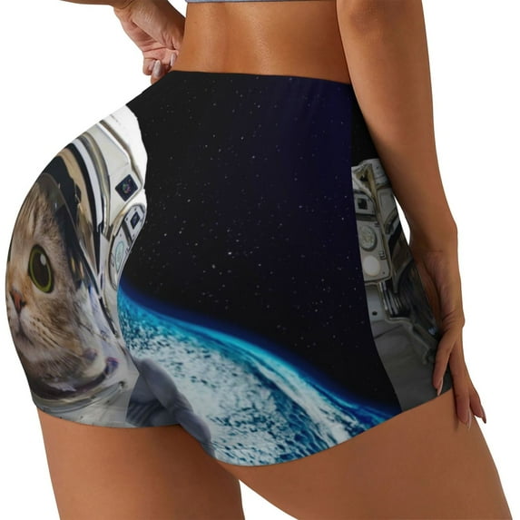 Lsque Cat Astronaut Pattern High Waisted Biker Shorts for Women-Tummy Control Fitness Athletic Workout Running Yoga Gym Shorts,Moisture-Wicking-XX-Large