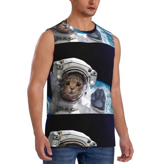 Lsque Cat Astronaut Print Men's Cotton Blend Sleeveless Muscle Shirts (S-3XL)- Moisture Wicking, Odor Protection, UPF 30+,3X-Large