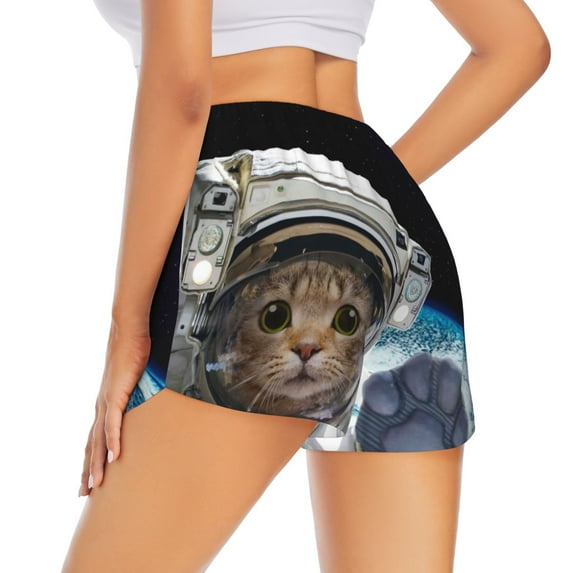 Lsque Cat Astronaut Printed Women's Running Shorts with Liner Pockets,Elastic Quick Dry Workout Athletic Gym Yoga Shorts,Womens High Waist Shorts-Large