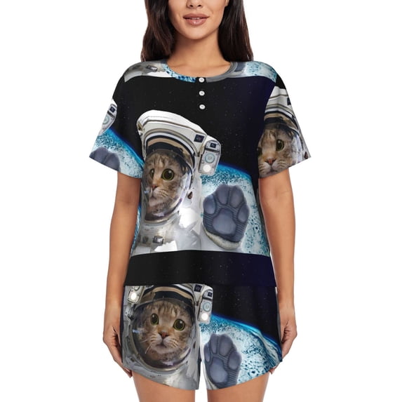 Lsque Cat Astronaut Women's Short-Sleeved Pajama Set - 2 Piece Soft and Lightweight Sleepwear Set-Large