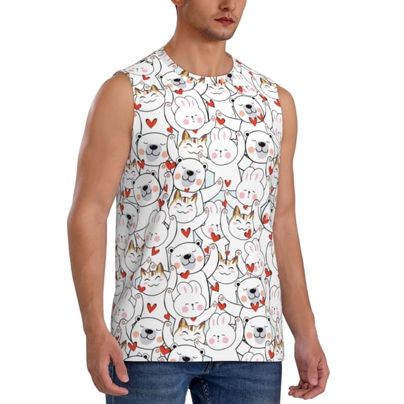 Lsque Cat Bear Rabbit Print Men's Cotton Blend Sleeveless Muscle Shirts (S-3XL)- Moisture Wicking, Odor Protection, UPF 30+,XX-Large