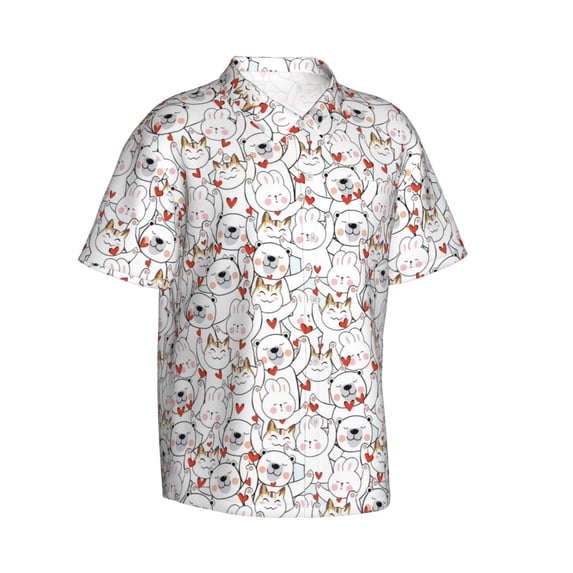Lsque Cat Bear Rabbit pattern Hawaiian Shirt for Men, Unisex Summer Beach Casual Short Sleeve Button Down Shirts-Small