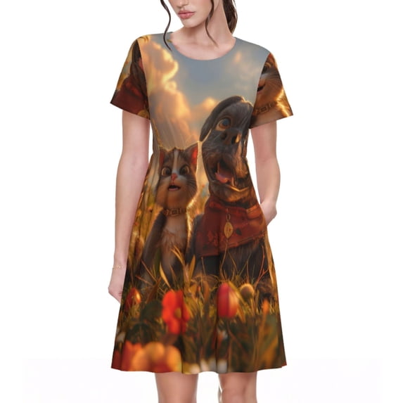 Lsque Cat Dog Friendship Print Women's Casual Dress T-Shirt Summer Short Sleeve Scoop Neck Swing Dresses