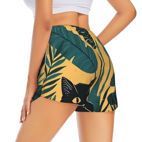 Lsque Cat Hiding In Potted Plants Printed Women's Running Shorts with Liner Pockets,Elastic Quick Dry Workout Athletic Gym Yoga Shorts,Womens High Waist Shorts-Small