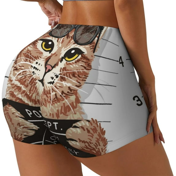Lsque Cat Holding Mugshot Sign Pattern High Waisted Biker Shorts for Women-Tummy Control Fitness Athletic Workout Running Yoga Gym Shorts,Moisture-Wicking-Small