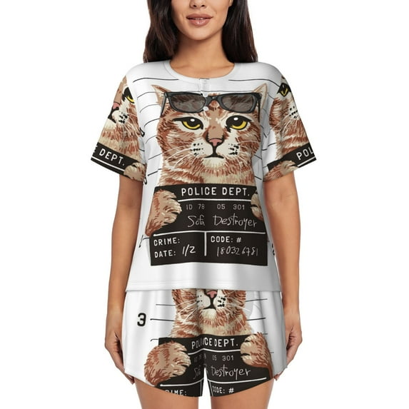 Lsque Cat Holding Mugshot Sign Women's Short-Sleeved Pajama Set - 2 Piece Soft and Lightweight Sleepwear Set-