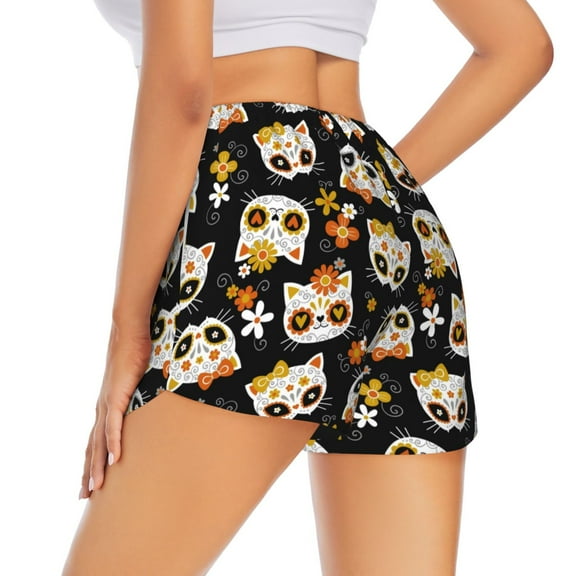 Lsque Cat Skulls and Flowers Printed Women's Running Shorts with Liner Pockets,Elastic Quick Dry Workout Athletic Gym Yoga Shorts,Womens High Waist Shorts-Small