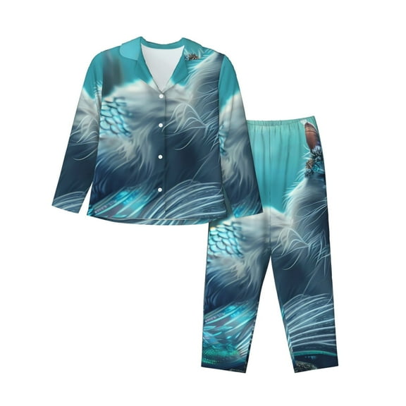 Lsque Cat Underwater Fantasy Pattern Long Sleeve Pajama Set for Women - Soft 2-Piece Sleepwear and Loungewear Set with Pockets, Comfy Nightwear-Small
