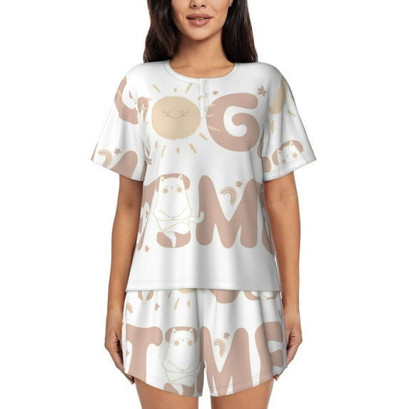 Lsque Cat Yoga Time Women's Short-Sleeved Pajama Set - 2 Piece Soft and Lightweight Sleepwear Set-Large