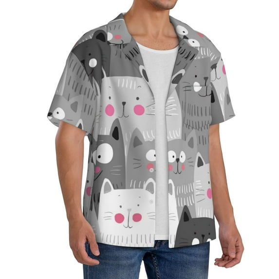 Lsque Cats Group print Men's Cuban Collar Short Sleeve Shirt Summer Beachwear Casual Button Down Fashionable Vacation Leisure Shirt-Small