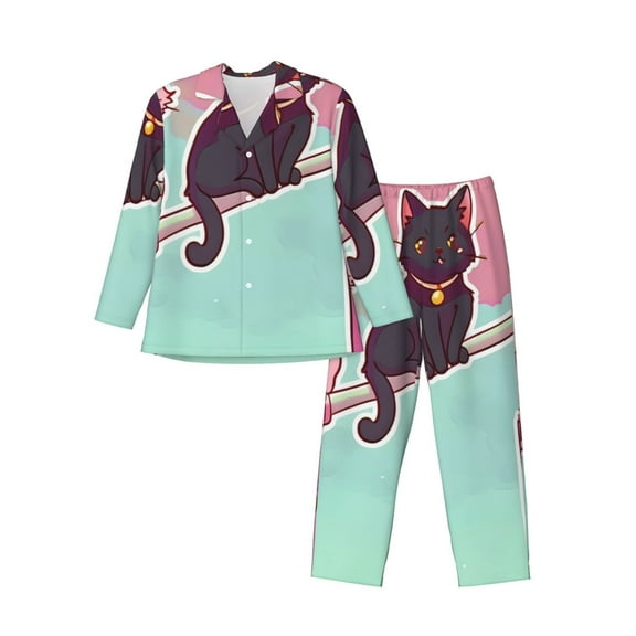 Lsque Cats On Broomstick Pattern Long Sleeve Pajama Set for Men - Soft 2-Piece Sleepwear and Loungewear Set with Pockets, Comfy Nightwear-Medium