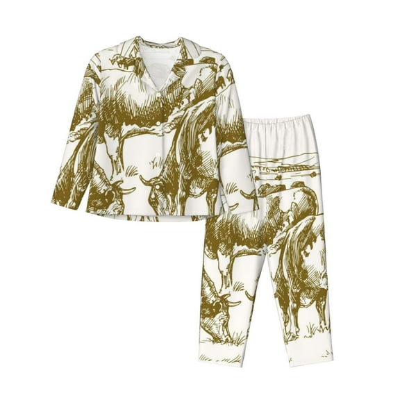 Lsque Cattle Drive By Two Cowboys 1 Pattern Long Sleeve Pajama Set for Women - Soft 2-Piece Sleepwear and Loungewear Set with Pockets, Comfy Nightwear-Small