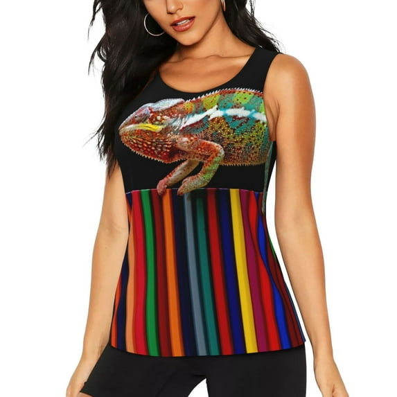 Lsque Chameleon Panther On Colored Pencils Printed Workout Tank Tops for Women, Athletic Sports Tank Tops, Compression Sleeveless Dry Fit Shirts,Sleeveless Yoga Shirt-Large