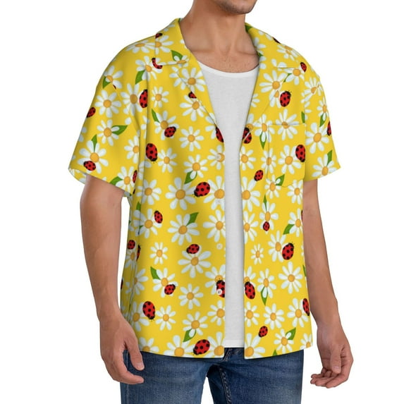 Lsque Chamomile And Ladybug print Men's Cuban Collar Short Sleeve Shirt Summer Beachwear Casual Button Down Fashionable Vacation Leisure Shirt-Large
