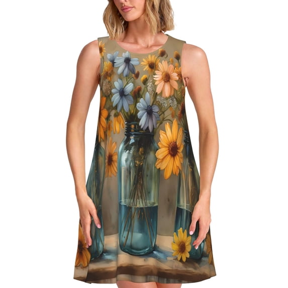 Lsque Charming Daisy Bouquet Art Pattern Summer Dresses for Women – Sleeveless T-Shirt Swing Sundress, Perfect for the Beach and Casual Days