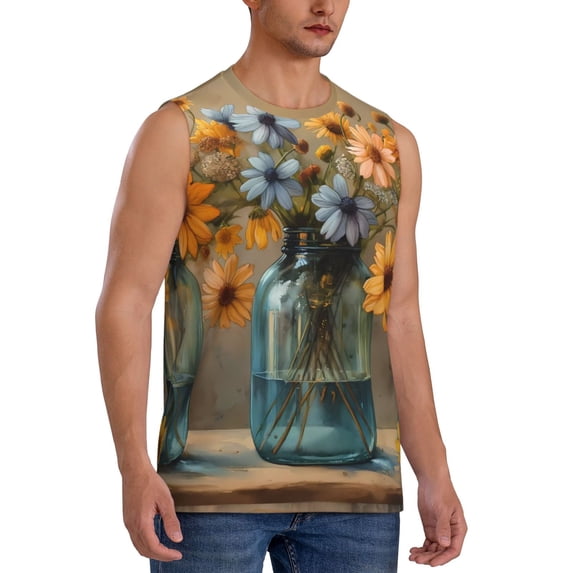 Lsque Charming Daisy Bouquet Art Print Men's Cotton Blend Sleeveless Muscle Shirts (S-3XL)- Moisture Wicking, Odor Protection, UPF 30+,X-Large