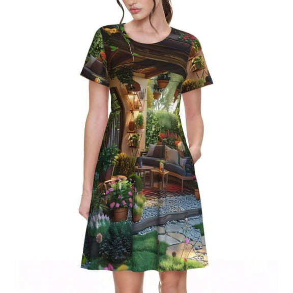 Lsque Charming Garden Patio Print Women's Casual Dress T-Shirt Summer Short Sleeve Scoop Neck Swing Dresses