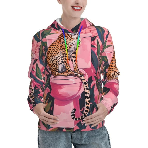 Lsque Cheetah On Toilet Humor Art Pattern Casual Women's Hoodie,Hooded Sweatshirt with Kangaroo Pocket,Pullover Hoodie with Eye-catching Drawstrings-X-Large