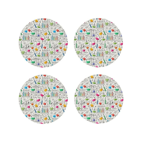 Lsque Chemical Flasks And Test Tubes Pattern 4" Drink Coasters Set of 4, PVC Leather Absorbent Coasters, Table Coaster Set Decorative Coffee Cup Coasters Housewarming Gift -Round Shape