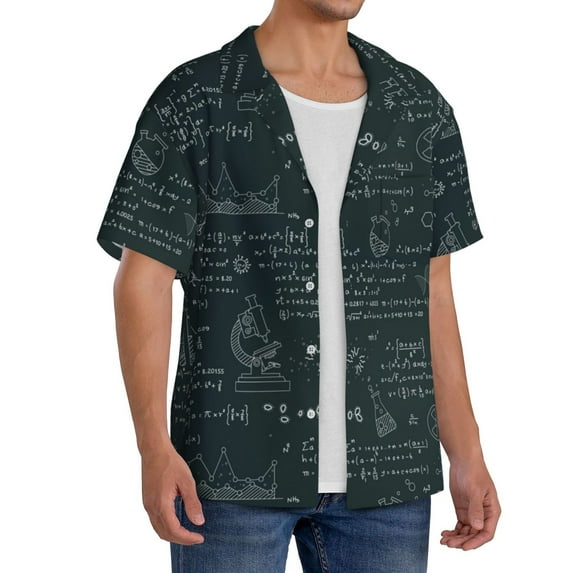 Lsque Chemical print Men's Cuban Collar Short Sleeve Shirt Summer Beachwear Casual Button Down Fashionable Vacation Leisure Shirt-Medium