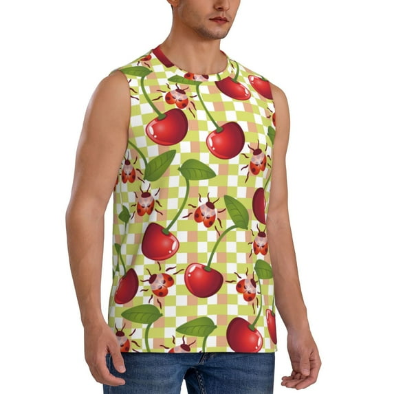 Lsque Cherries and Ladybirds Print Men's Cotton Blend Sleeveless Muscle Shirts (S-3XL)- Moisture Wicking, Odor Protection, UPF 30+,Small