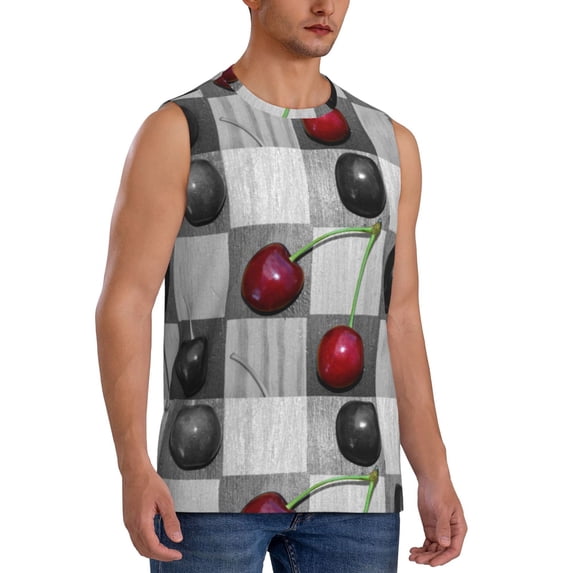 Lsque Cherries laid Print Men's Cotton Blend Sleeveless Muscle Shirts (S-3XL)- Moisture Wicking, Odor Protection, UPF 30+,X-Large