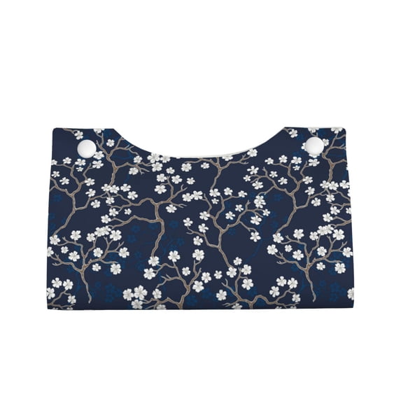 Lsque Cherry Blossoms on Navy Background Printed Long Tissue Box Cover Holder, Facial Paper Organizer Dispenser,Triangle with Bottom Belt, PVC Leather Decorative Organizer