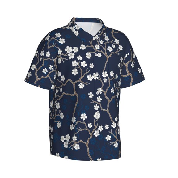 Lsque Cherry Blossoms on Navy Background pattern Hawaiian Shirt for Men, Unisex Summer Beach Casual Short Sleeve Button Down Shirts-Large