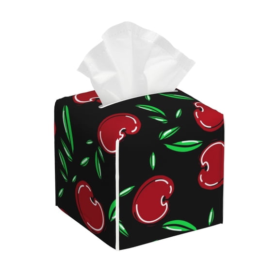 Lsque Cherry Printed Tissue Box Cover Holder, Facial Paper Organizer Dispenser,Square with Bottom Belt, PVC Leather Decorative Organizer