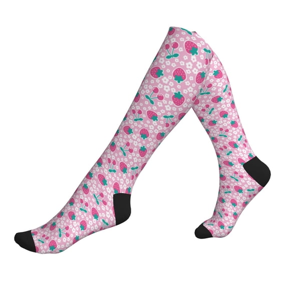 Lsque Cherry Strawberry Pattern Sport Compression Socks for Men & Women 15-20 mmHg Knee High Nurse Pregnant Running Medical and Travel Athletic