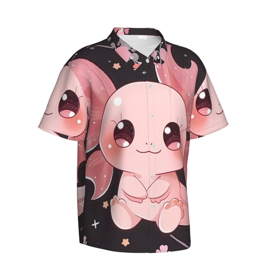 Lsque Chibi Axolotl Sakura Fantasy pattern Hawaiian Shirt for Men, Unisex Summer Beach Casual Short Sleeve Button Down Shirts-XX-Large