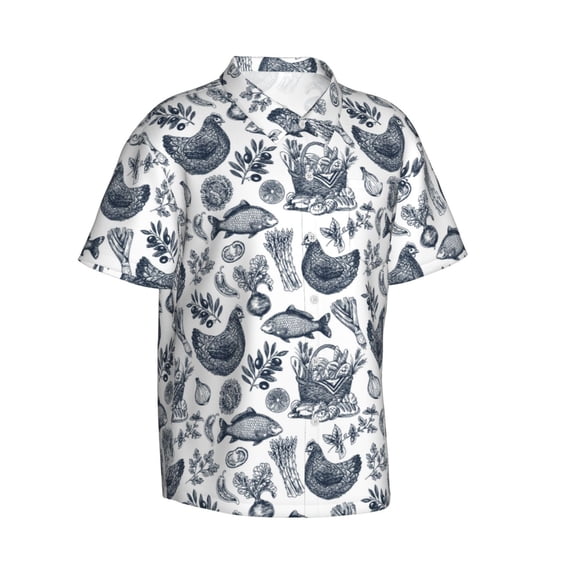 Lsque Chicken And Fish pattern Hawaiian Shirt for Men, Unisex Summer Beach Casual Short Sleeve Button Down Shirts-3X-Large