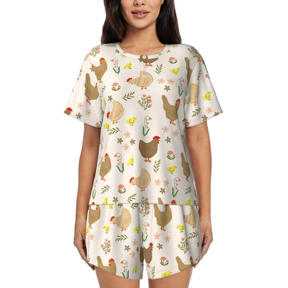 Lsque Chicken Family Women's Short-Sleeved Pajama Set - 2 Piece Soft and Lightweight Sleepwear Set-Large