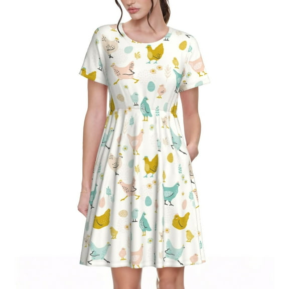 Lsque Chicken Print Women's Casual Dress T-Shirt Summer Short Sleeve Scoop Neck Swing Dresses