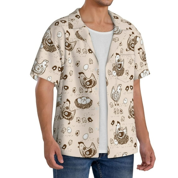 Lsque Chicken With Floral print Men's Cuban Collar Short Sleeve Shirt Summer Beachwear Casual Button Down Fashionable Vacation Leisure Shirt-Medium