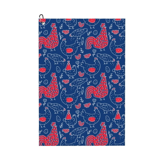 Lsque Chicken and Rooster Premium Golf Towel - Ultra Absorbent and Quick Drying Microfiber Towel with Carabiner - Gift for Men -24" X 16"