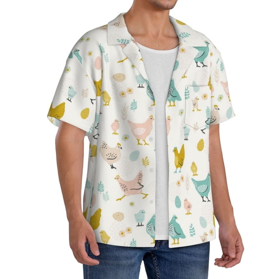 Lsque Chicken print Men's Cuban Collar Short Sleeve Shirt Summer Beachwear Casual Button Down Fashionable Vacation Leisure Shirt-3X-Large