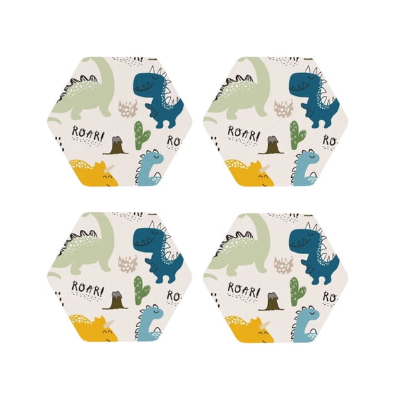 Lsque Childish Dinosaur Pattern 4" Drink Coasters Set of 4, PVC Leather Absorbent Coasters, Table Coaster Set Decorative Coffee Cup Coasters Housewarming Gift -Octagon