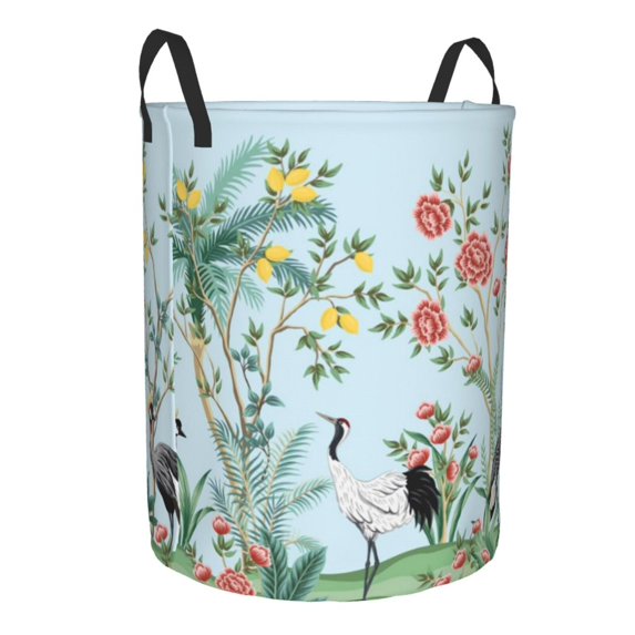 Lsque Chinoiserie Floral Palm Tree pattern Laundry Hamper Basket, Tall Woven Rope Hamper Basket for Clothes, Lightweight Storage Basket, Collapsible Waterproof-Small